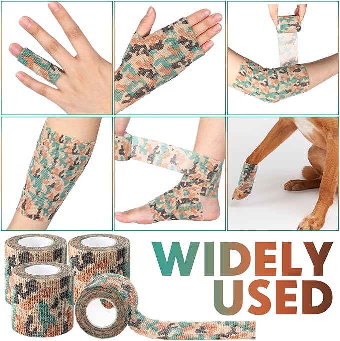 Treela 48 Pack Self Adhesive Wrap Bandage Bulk, 2 Inches X 5 Yards Self Adherent Cohesive Bandage Elastic Athletic Tape Breathable Wound Tape for Stretch Athletic Sports Wrist Ankle(Green Camo)