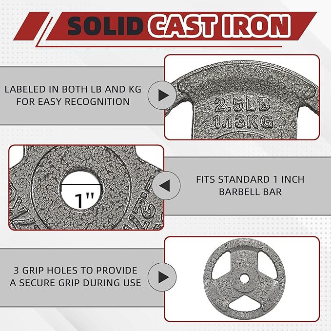 Cast Iron Gym Weight Plates | 1" and 2" Olympic Bumper Plates for Weightlifting, CrossFit, Deadlift, and Squat
