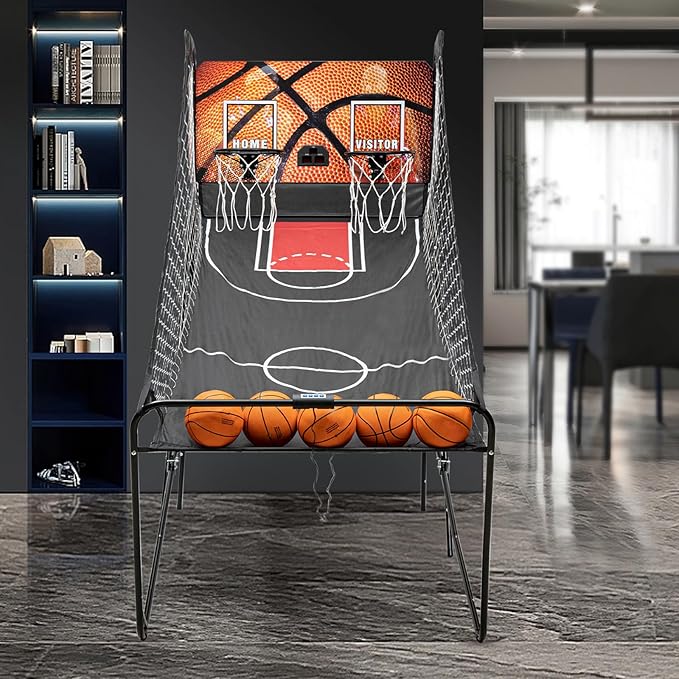 Dual Hoop Basketball Arcade Game, 8 Game Modes Foldable Shot 2Player w/ 5 Balls, Inflation Pump and LED Scoring System, Indoor Basketball for All Players, Home, Playground, Shopping Malls