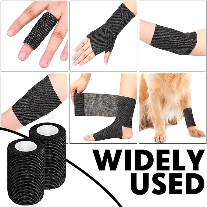 Treela 64 Pack 4" x 5 Yards Self Adhesive Cohesive Bandage Wraps, Elastic Breathable Athletic Tape, Flexible Self Adherent Bandage Rolls for Wrist, Ankle, Fingers, Sports & Pets (Black)