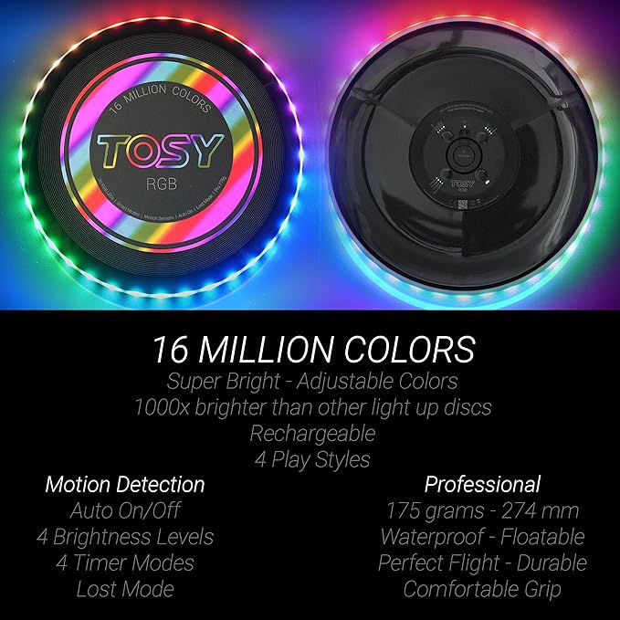 TOSY Flying Disc - 108 RGB Multicolor or 36 Monocolor LEDs, Super Bright, Smart Modes, Christmas Stocking Stuffers Gift, Camping Toy for Kid/Teen/Adult, Auto Light Up, Rechargeable, Waterproof, 175g