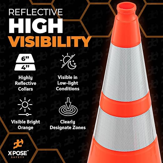 Xpose Safety 28 Inch Orange Traffic Cones with 6" & 4" Collars, 1-Pack - Multipurpose PVC Plastic Safety Cone for Parking, Soccer, Caution, Kids and Construction - DOT Approved