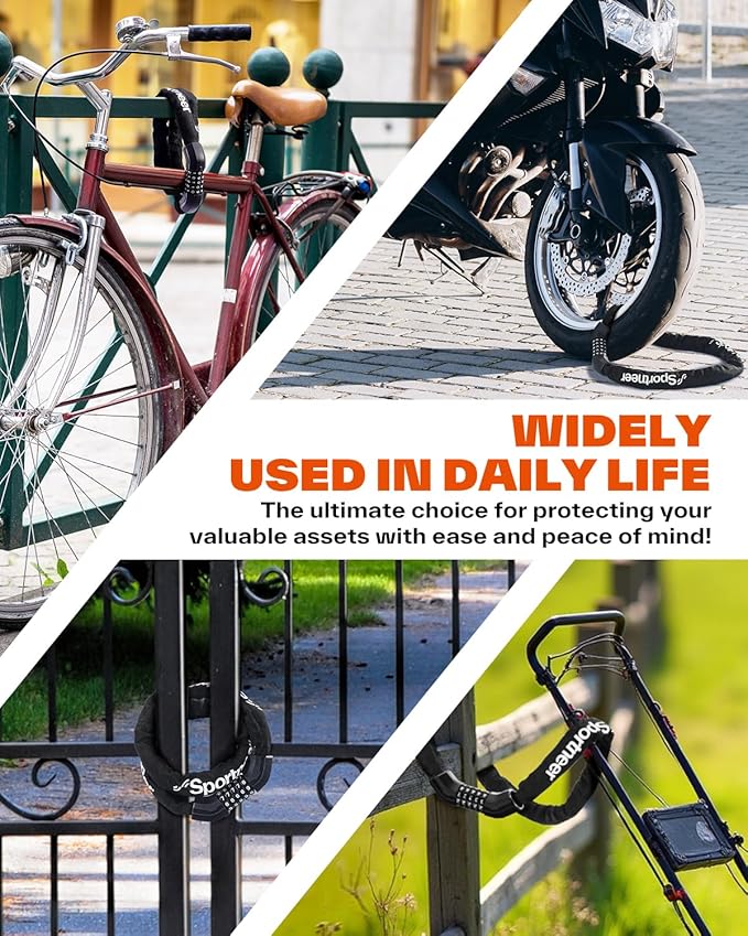 Sportneer Bike Lock: Heavy Duty 5-Digit Resettable Combination Bike Chain Lock, High Security Anti-Theft 3.2FT Hardened Steel Square Links Bicycle Lock for Road, Mountain, Electric & Folding Bikes