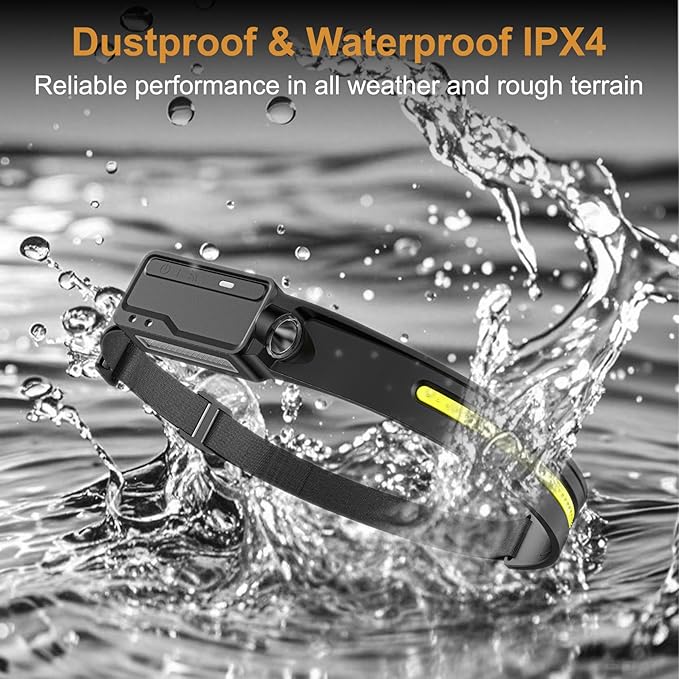 LED Headlamp Rechargeable Waterproof, Motion Sensor Hardhat Headlamp with Clips, 230°Wide Beam Head Lamp 6 Modes, for Adults, Kids, Camping, Running, Hiking, 2 Pack