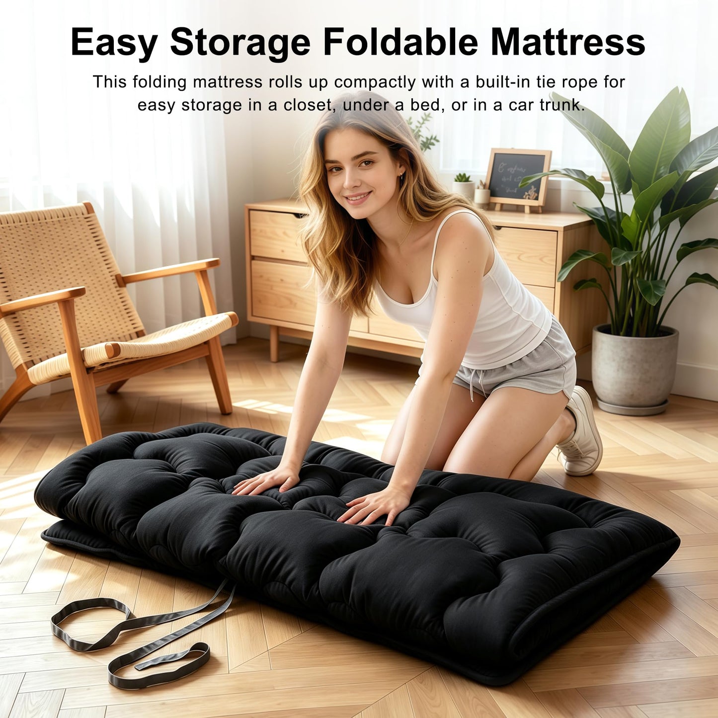 FARINA Japanese Futon Mattress Floor Mattress, Twin Size Shredded Memory Foam Roll Up Foldable Tatami Mat, Portable Sleeping Pad for Living Room Guest Room (Black, Twin)