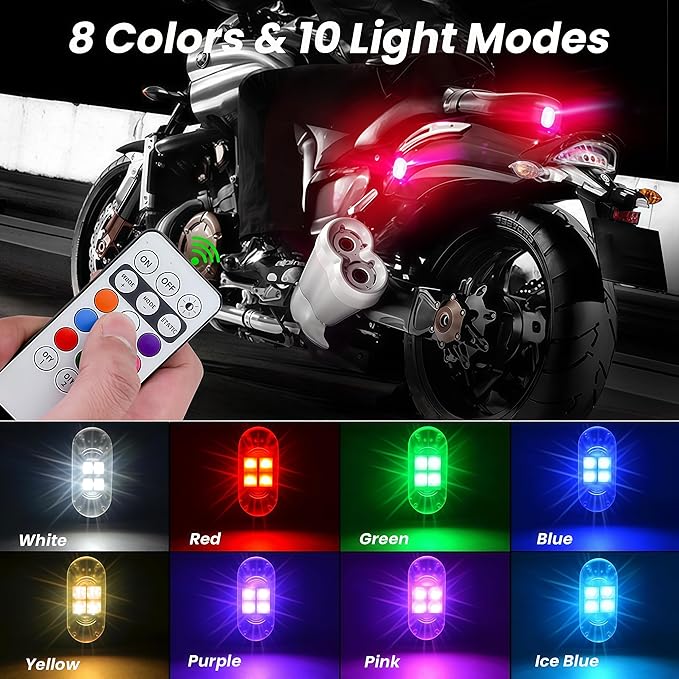 4PCS Wireless LED Strobe Lights with Remote Control, RGB 8 Colors Multifunction, USB Charging Waterproof Anti-Collision Tail Warning Mini Light for Car Motorcycle Trucks Bike Drone Aircraft (4)