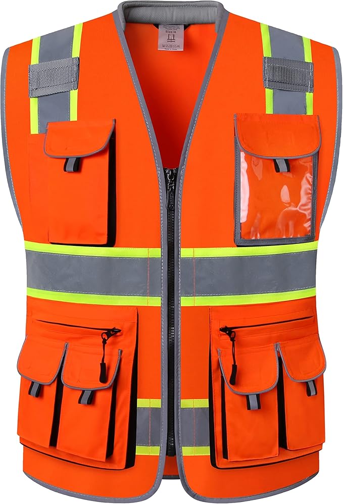 JKSafety 10 Pockets Class 2 Hi-Vis Zipper Front Safety Vest | Cushioned Collar | High Reflective Tapes with Extended Neon Yellow Strips | Meets ANSI/ISEA Standards (5X-Large, 89-Orange)
