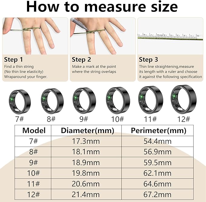 Thin Smart Ring for Fitness & Health Tracking -Pedometer,Sleep/Heart Rate/Blood Oxygen Monitor, Gesture Control / 5ATM Waterproof -No APP Subscription Compatible with Android& iOS (Black, 12)
