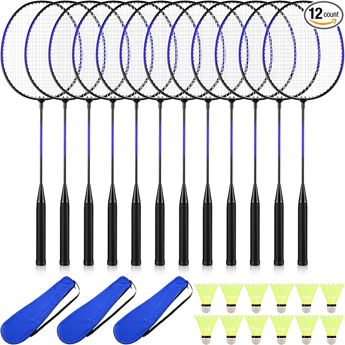 12 Pack Badminton Rackets Set Including Rackets, Nylon Shuttlecocks and Carry Bag for Outdoor Backyard Games Beginners