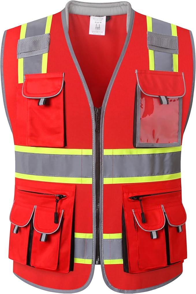 JKSafety 10 Pockets Hi-Vis Zipper Front Fluorescent Red Safety Vest | Cushioned Collar | High Reflective Tapes with Extended Neon Yellow Strips | Meets ANSI/ISEA Standards (5X-Large, 89-Red)