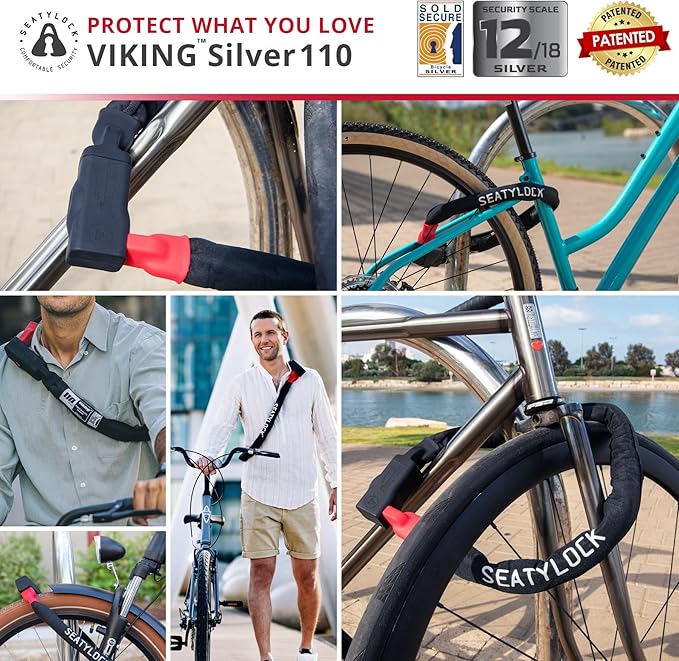 Seatylock Viking Bike Chain Lock with Key - Magnetic Patented Sold Secure Silver Rated - Heavy Duty Anti Theft - Smart Ultra Security Bicycle Lock (43.3 Inch)