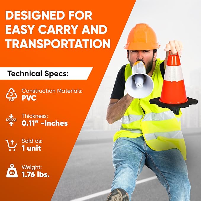 Pyle 12" PVC Traffic Cones, 12-PackSafety Cones for Parking, Construction & Roadwork, High-Visibility Orange, Durable, Stackable Design, Heavy-Duty Base for Stability in All Weather