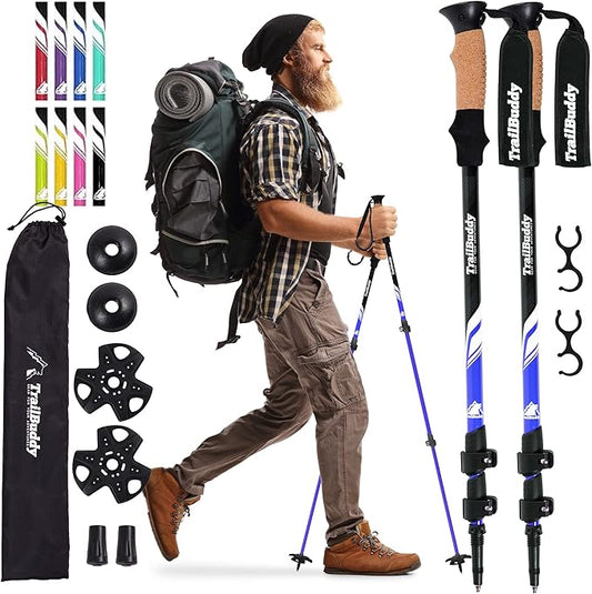 TrailBuddy Trekking Poles - Lightweight, Collapsible Hiking Poles for Snowshoe & Backpacking Gear - Pair of 2 Walking Sticks for Hiking, 7075 Aluminum with Cork Grip