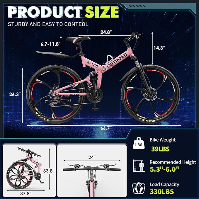 26 inch Folding Mountain Bike, Carbon Steel Frame and 21 Speed, Double Disc Brake and Dual Suspension Folding Bike for Adults/Men/Women, Easy Assembly Bicycle(Black/Green/Orange)