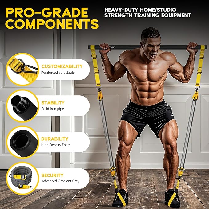 Pilates Equipment, Portable Pilates Bar Kit with Resistance Bands, Professional Adjustable Heavy Duty Squat Workout Equipment for Men, Home Gym Muscle Strength Training, Full Body Exercise