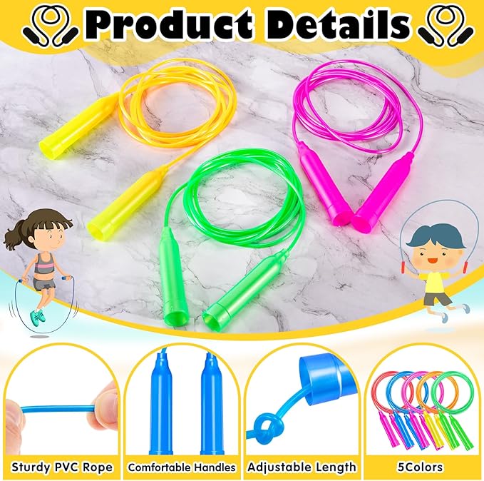 36 Pack Kids Jump Ropes, 7.3 Feet Colorful Adjustable Jump Ropes for Kids, Party Favors & Birthday Gifts, Indoor & Outdoor Activity
