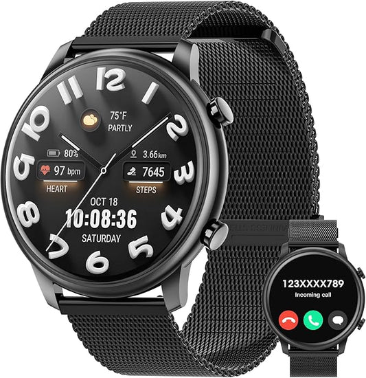 Hwagol Smart Watches for Women Android Phones iPhone Compatible(Bluetooth Call),1.39'' Round Sports Watch Fitness Tracker Heart Rate/SpO2/Sleep Monitor,Pedometer (Black Steel)
