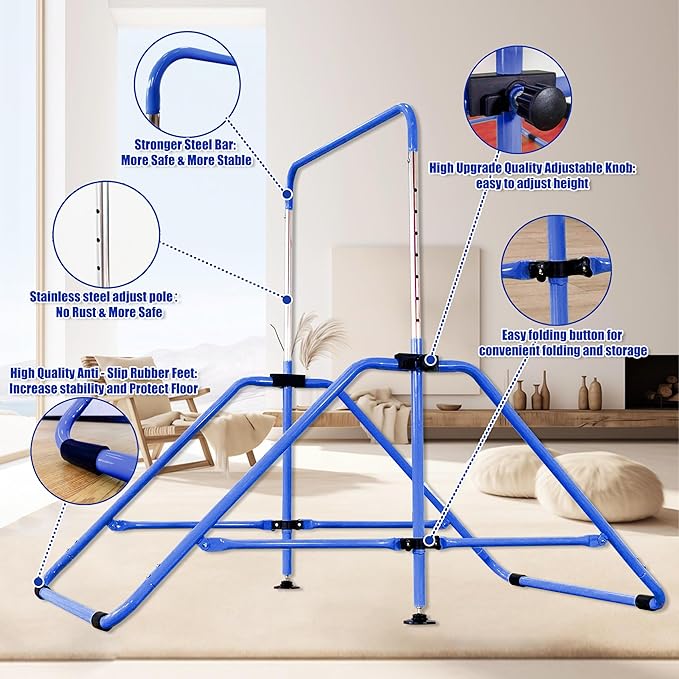 MARFULA Foldable Gymnastic Bar for Kids Ages 3-9, 9 Height Levels, 200 lbs Weight Capacity, 5 Ft Length Gymnastic Kip Bar with Mat, Gymnastic Equipment for Home and Gym Center Indoor Outdoor Use