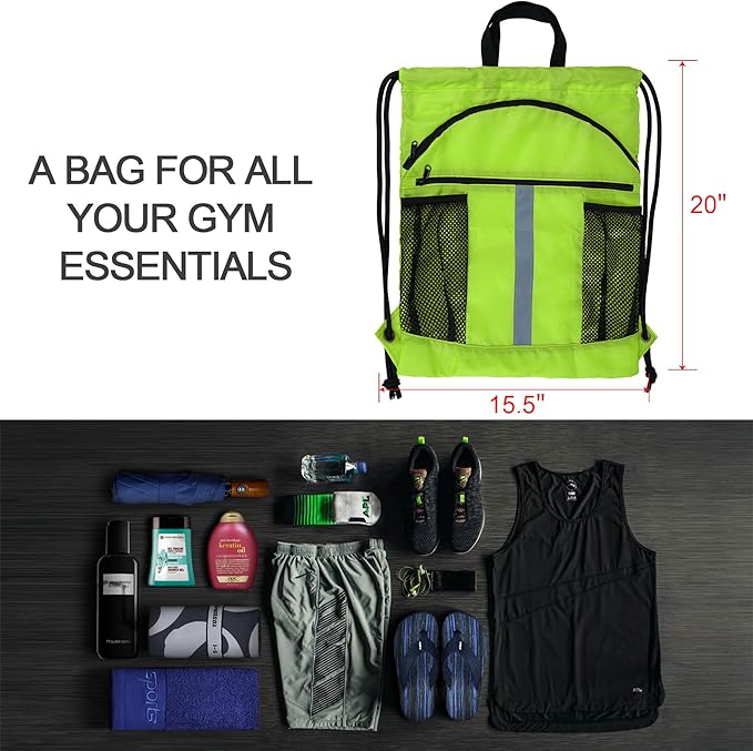 BeeGreen Drawstring Backpack Bag with Shoe Compartment, X-Large Black Gym Sports String Cinch Backpack