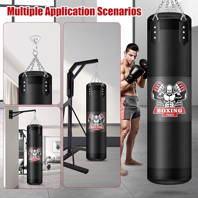 Punching Bag for Adults, 4FT PU Heavy Boxing Bags with Chain Ceiling Hook, Hanging Boxing Bag for Kickboxing Muay Thai Karate Judo Taekwondo Home Gym Training, Unfilled