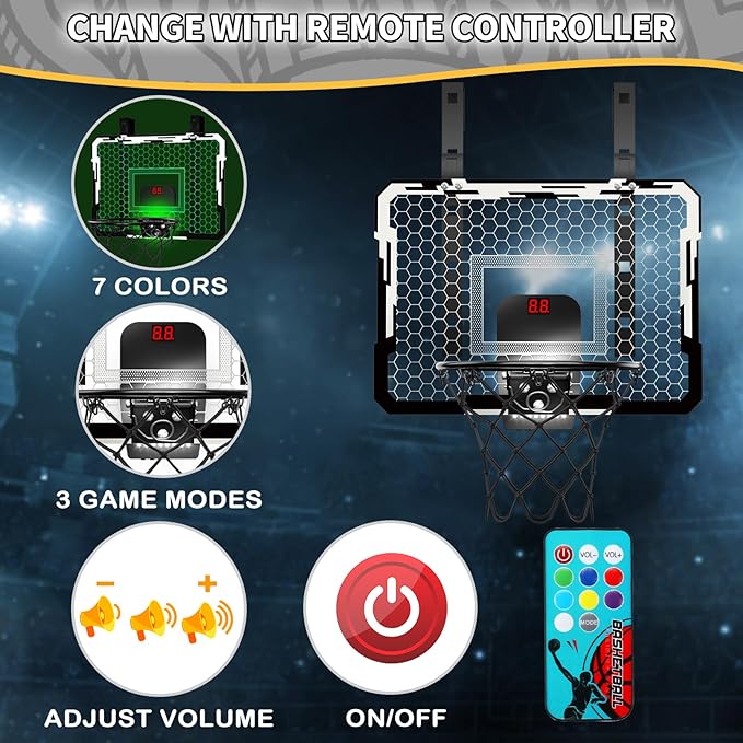 QDRAGON Indoor Basketball Hoop for Kids, Over The Door Mini Basketball Hoops with 7 LED Lighting, Basketball Toys Gifts for 5 6 7 8 9 10 11 12 Year Old Boys Girls Teens, White