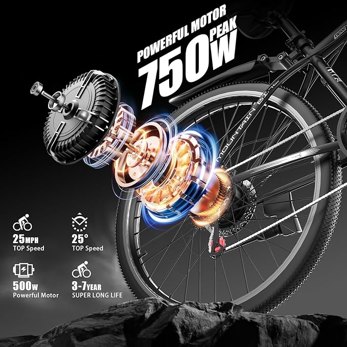 G26 Electric Bike for Adults, 26" Electric Mountain Bike with 750W Peak Brushless Motor, Max 35-45 Miles 25MPH Electric Bicycles, Removable Battery, Ebike for Adults 7-Speed, LCD Display