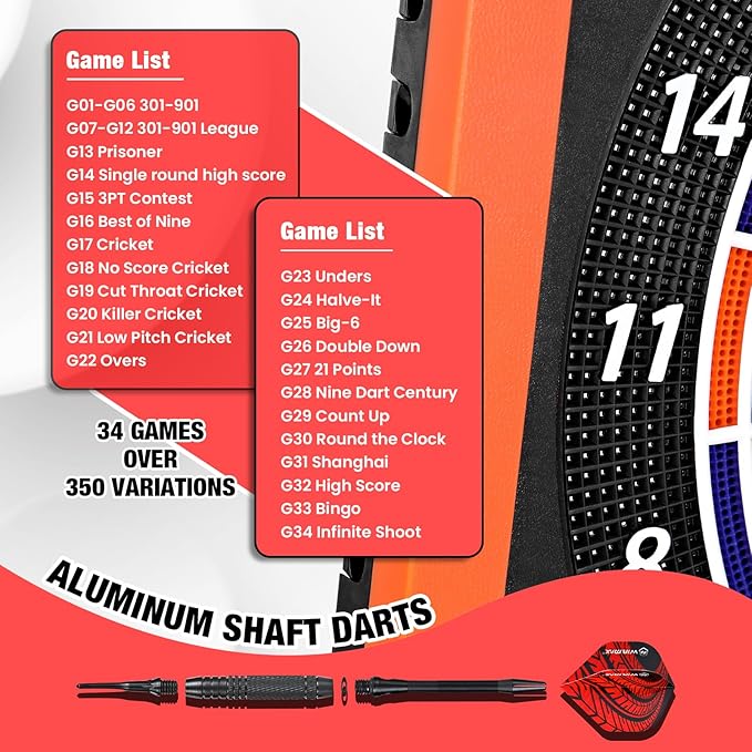 Electronic Dart Board Set, Illuminated Electronic Soft Tip Dartboard with LED Sidelamp, Laser Toe Line, 34 Games with 350 Variations Digital Dartboard Set, up to 8 Players, 5 Levels, Batteries/Adapter