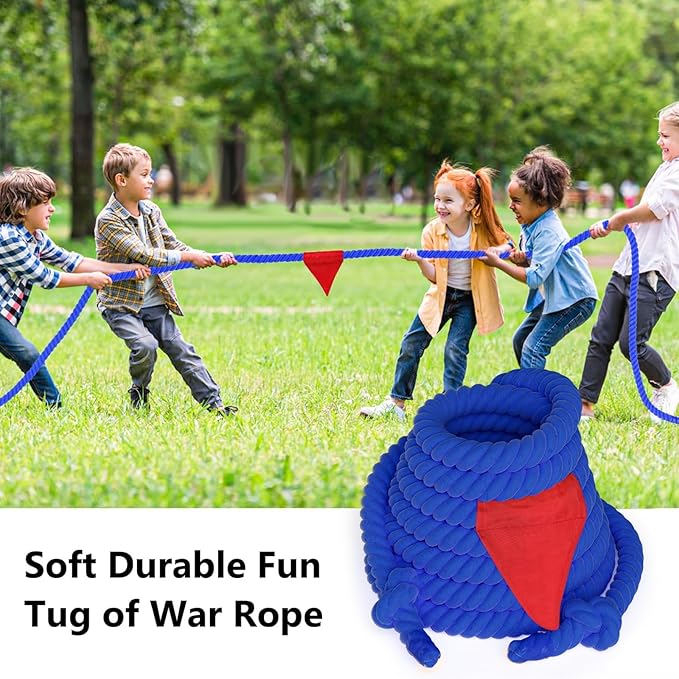 Tug of a War Rope for Kids and Adult, 25FT Tag o War Ropes with Flag for Outdoor, Outside Carnival, Lawn, Field, Team Building Game, Safety Cord for School and Church, Blue