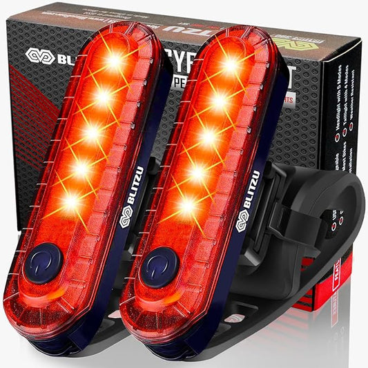 BLITZU USB-C Rechargeable Bike Tail Light 2 Pack, Bright Bicycle Rear Cycling Safety Flashlight Accessories for Night Riding, Cyborg 120T, 4 Light Modes for Adults Kids Men Women Road Mountain