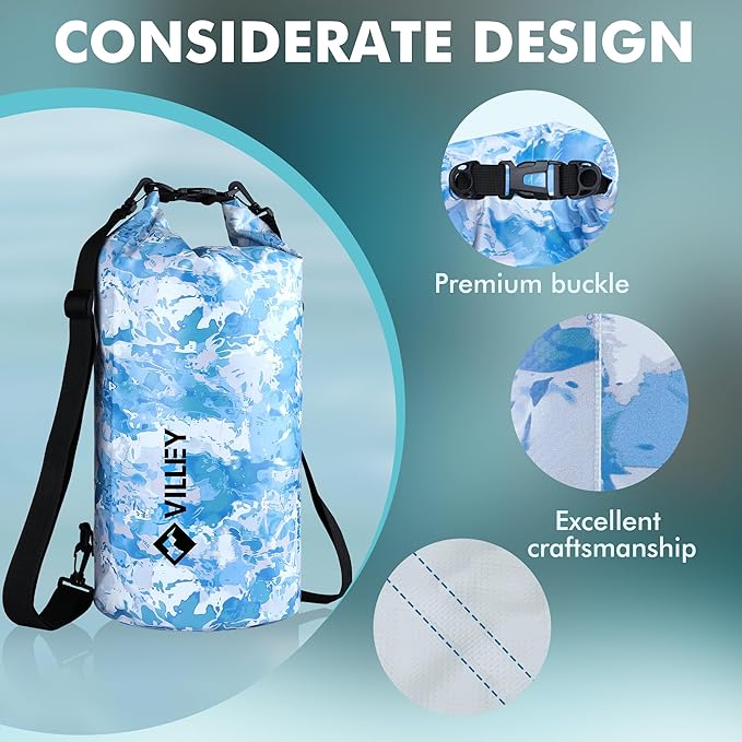VILLEY Dry Bag Waterproof 10L Roll Top Sack Keeps Gear Dry Lightweight Sack for Kayaking Boating Camping Swimming and Beach Adventures Blue Camo