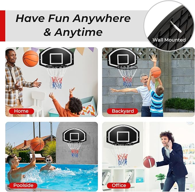 Goplus Wall Mount Basketball Hoop, 28.5’’ x 18’’ Large Backboard with 17’’ Rim, Shatter-Proof Backboard, All-Weather Net, Door Wall Mounted Indoor Outdoor Basketball Playset for Backyard Family Games