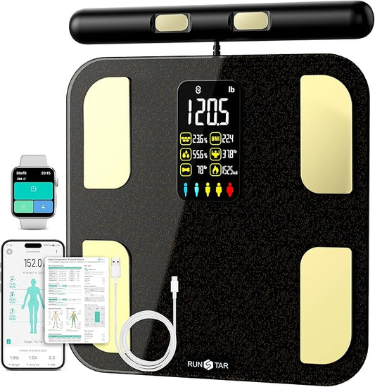 Scale for Body Weight, RunSTAR 8 Electrodes High Accurate Rechargeable Composition Analyzer with BMR Index Body Fat Digital Scale Composition Muscle & Fat Measurement Large Display 400lb