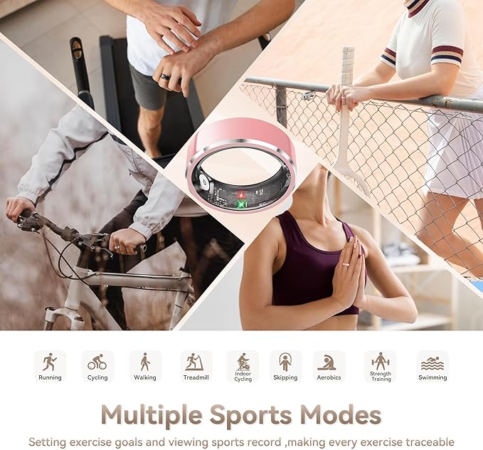 Health Smart Ring for Men Women, Fitness Tracker with Heart Rate/Blood Pressure/Blood Oxygen Monitor,Sleep Tracker,Pedometer, IP68 Waterproof Ring for iPhone&Android, No Subscription (Pink, Size8）