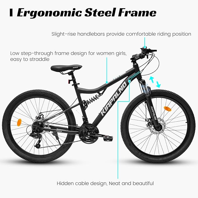 Mountain Bike 24 26 27.5 Inch, Dual Full Suspension Mens Womens Bike, 21 Speeds Dual Disc Brake Carbon Steel Bike, Boys Mens Mountain Bike for School Work Summer Camping, Birthday Gift Choice