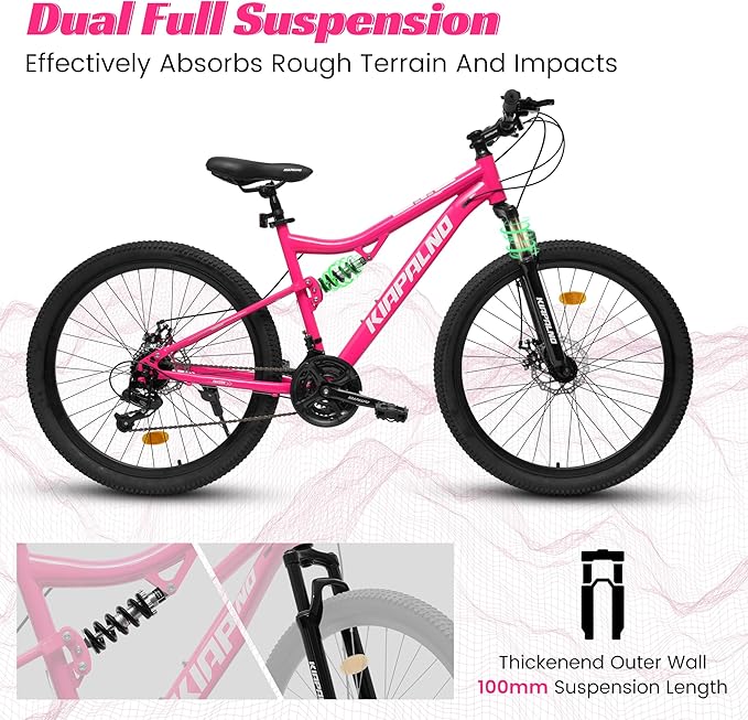 26 Inch Mountain Bike Dual Suspension for Mens Boys, 21 Speeds Steel Women Girls Mountain Bike Summer Travel Trip, Disc Brakes Adult Teens Sport Men Women Bicycle for Trail Commuter City Road