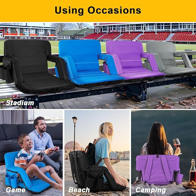 Stadium Seats with Back Support Wide, Exclusive Bleacher Chairs with Back and Cushion Folding Stadium Chairs, 6 Reclining Positions Waterproof Bleacher Seats with 2Hooks (Wide|22.5" Purple)