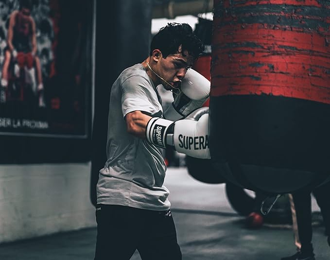 Superare Supergel Pro Boxing Gloves with Strap Closure Hook and Loop for Boxing, Sparring, Training, Kickboxing, and Bag Work, Sleek MMA Gloves, Black and White Design