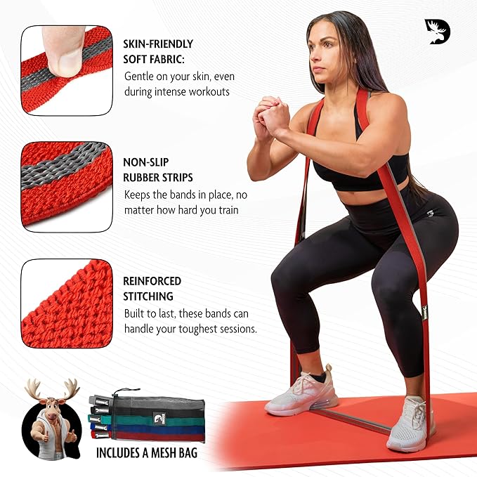 DMoose Fitness Fabric Resistance Bands for Full Body Exercises - Non-Slip Thick Cloth Stretch Band for Squats, Lunges & Bicep Curls - Long Resistance Bands for Working Out - Booty Band for Men & Women