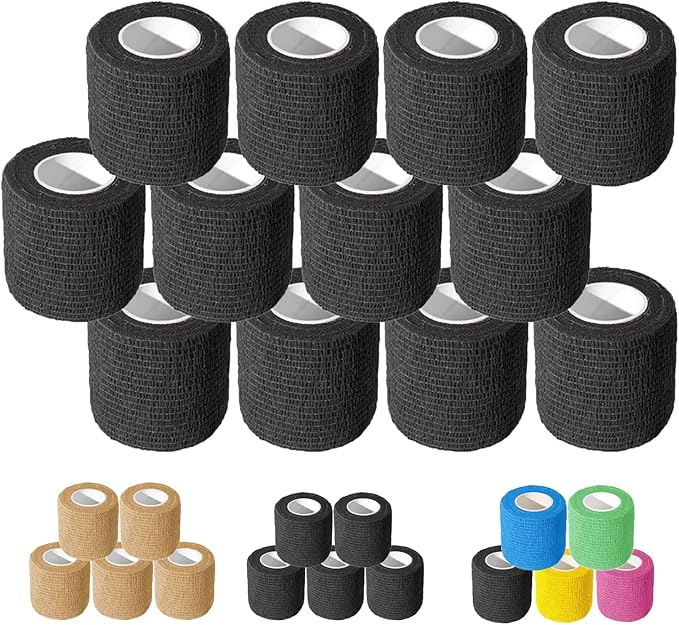 OZER 12 Pack 2 Inch x 5 Yards Self Adhesive Bandage Breathable Cohesive Bandage Wrap Rolls Elastic Self-Adherent Tape for Stretch Athletic, Sports, Wrist, Ankle (Black, 2 Inch)
