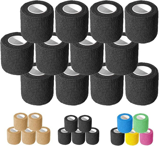 OZER 12 Pack 2 Inch x 5 Yards Self Adhesive Bandage Breathable Cohesive Bandage Wrap Rolls Elastic Self-Adherent Tape for Stretch Athletic, Sports, Wrist, Ankle (Black, 2 Inch)