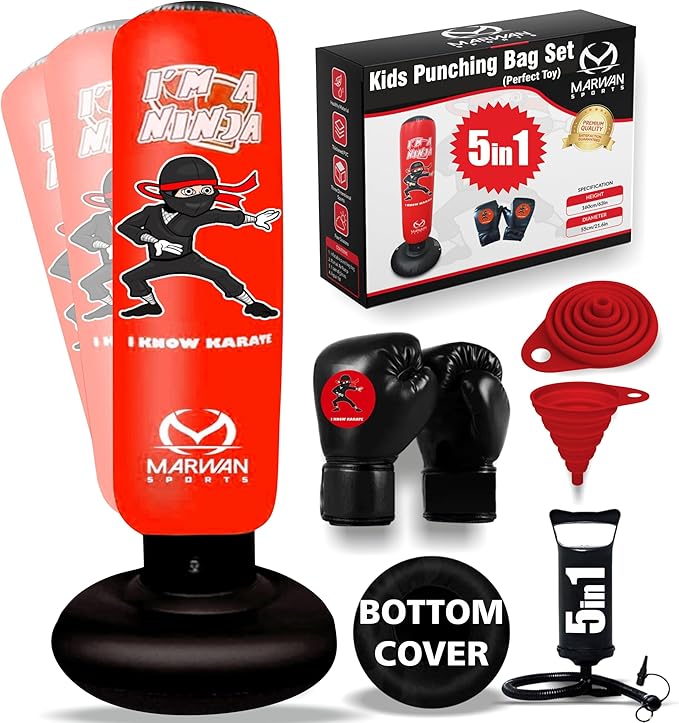 Marwan Sports 5-in-1 Inflatable Punching Bag for Kids – 63" Karate Toy Set with Boxing Gloves, Durable Fast Rebound, Active Play, Stress Relief Christmas/Birthday Gift for Boys & Girls Ages 4-12