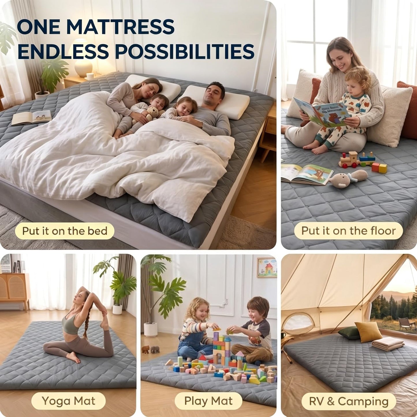 DOWNSTORIA Japanese Floor Mattress, Futon Mattress Roll Up Tatami Mat with Handle, Foldable Floor Bed Sleeping Pad for Camping, Twin Size, Grey(39x75)