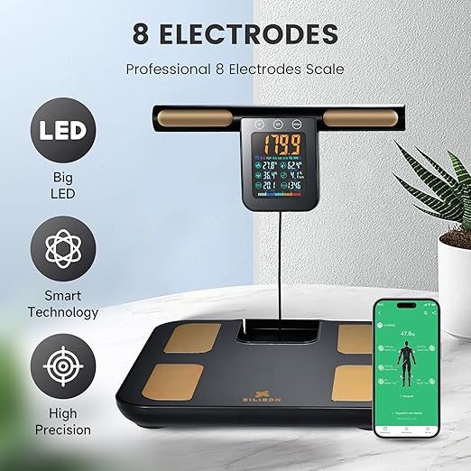 EILISON Smart Scale for Body Weight: 8-Electrode Digital Bathroom Scale for Fat BMI Muscle Body Composition Analyzer 32 Biometric Bluetooth Highly Accurate Weighing Machine,400lbs (Grey)