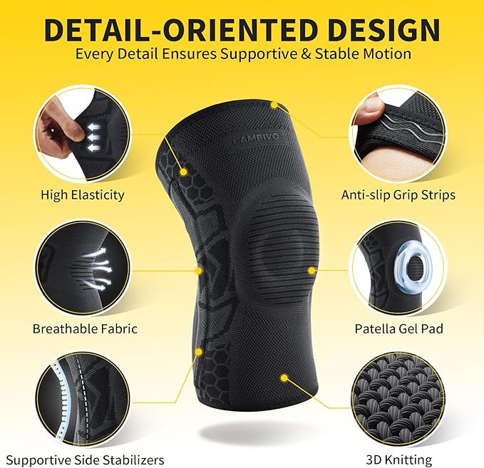 CAMBIVO 2 Pack Knee Brace for Men and Women, Knee Sleeves for Men with Patella Gel Pad and Side Stabilizers, Knee Compression Sleeves for Knee Pain Relief, Running, Workout, Daily Use