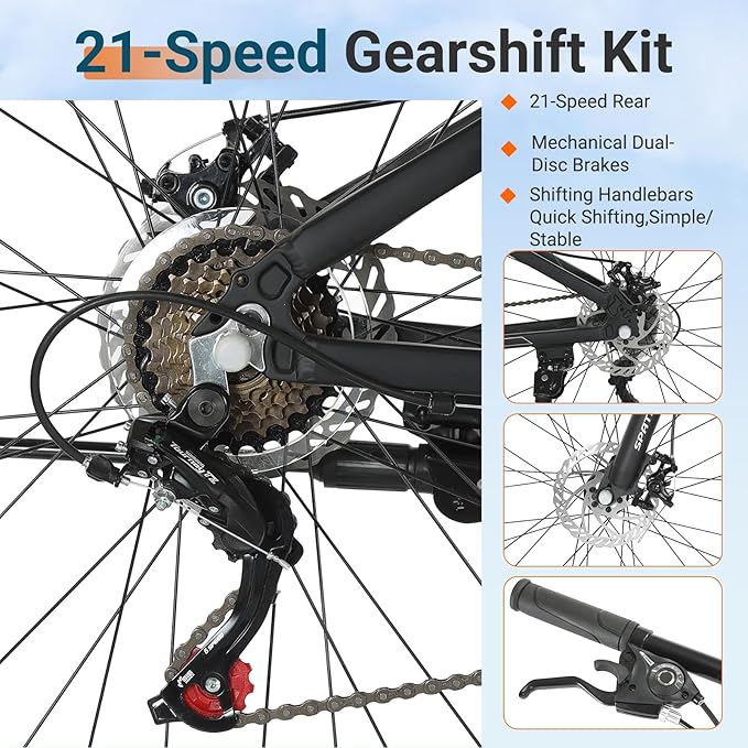 SPATIAL Mountain Bike, 24/26/27.5/29 inch Outdoor Cycling Bike,21/8 Speed Lightweight Aluminum Frame | Dual Disc Brakes,Adjustable Ergonomic Seat for Men Women Adult,MTB Bicycle