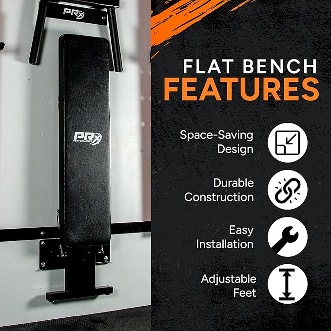PRx Performance Folding Wall Mounted Flat Weight Bench - Home Gym Equipment, Space-Saving Workout Bench, Full Body Exercise, Weightlifting, Bench Press Seat, Ideal For Gym Enthusiasts - Black