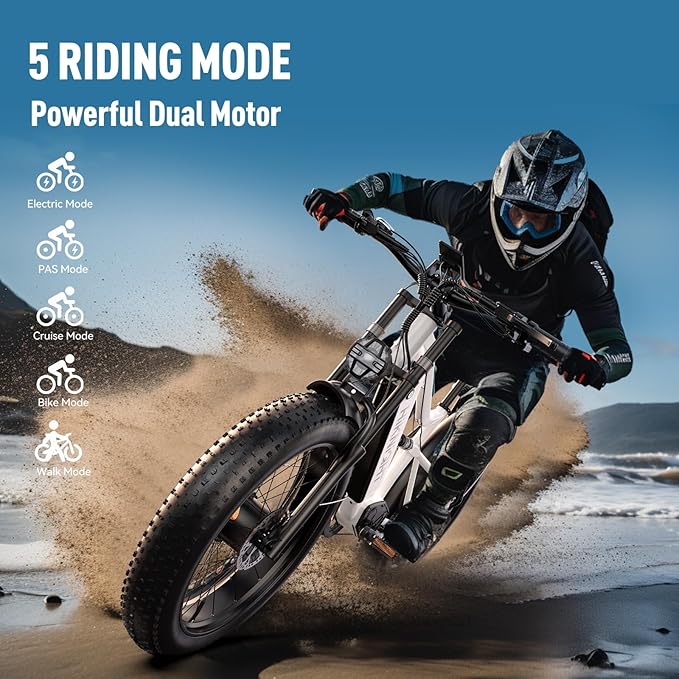 Dual Motor Electric Bike Peak 3000W, 52V 20AH Battery E Bike for Adults 26 Inch Fat Tire Mountain Electric Bicycle 38 MPH, Full Suspension Dual Hydraulic Disc Brake, Up to 90 Miles Range