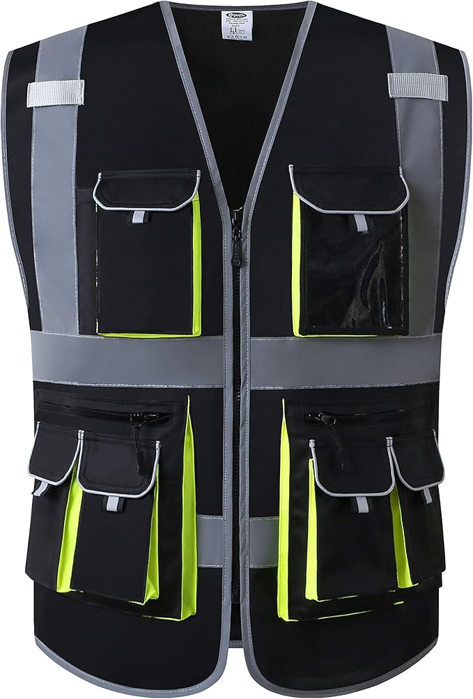 JKSafety 10 Pockets High Visibility Zipper Front Black Safety Vest with High Reflective Strips Meets ANSI/ISEA Standards (3X-Large, 88-Black)