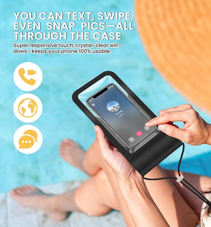 HiRui Universal Waterproof Phone Pouch with Touch Screen, IP68 Waterproof Phone Case Dry Bag for Beach, Compatible with iPhone 16/15/14/13/12/XR/SE, Samsung Galaxy, Fits up to 6.1" (Black, Large)