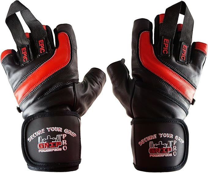 Epic Leather Gym Gloves with Built in 2" Wide Wrist Wraps Grip & Design for Weightlifting Power Lifting Bodybuilding & Strength Training Workout Exercises, Size : Large 8 1/8" - 8 1/2"
